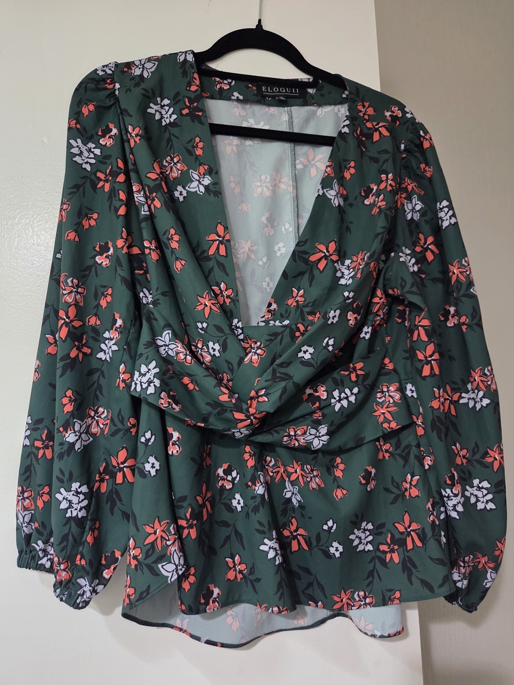 Eloquii Dark Green Floral Twist-Front Blouse